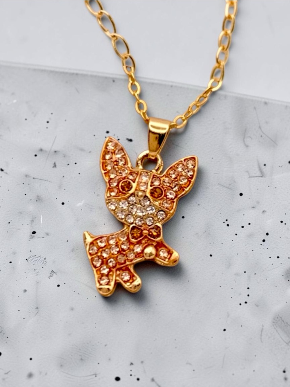 Chihuahua Puppy Dog Necklace in Rose Gold & Gold Plated with pave crystals - Picture 2 of 2